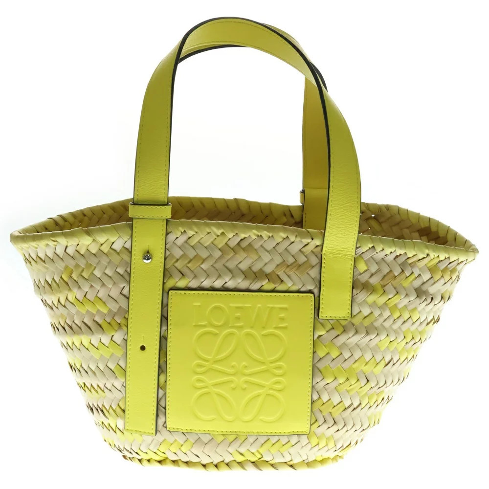 LOEWE Basket Bag Anagram Logo Patch Raffia Straw Tan Leather Hand Tote Yellow